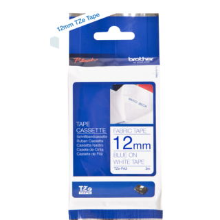 BROTHER 12MM BLUE ON WHITE FABRIC TAPE